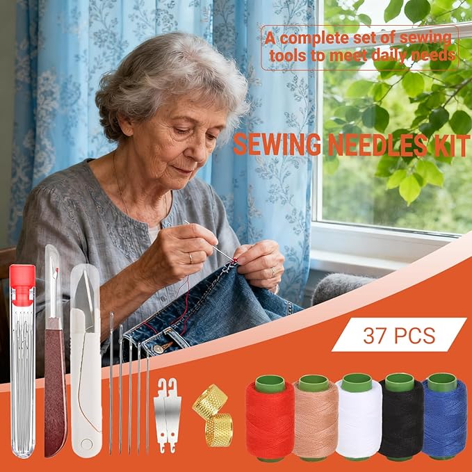 37Pcs Sewing Tool Set, Big Eye Steel Needles Kit with Stainless Steel Hand Sewing & Quilting Needles, Professional DIY Needle and Thread Kit for Beginners and Sewing Lovers