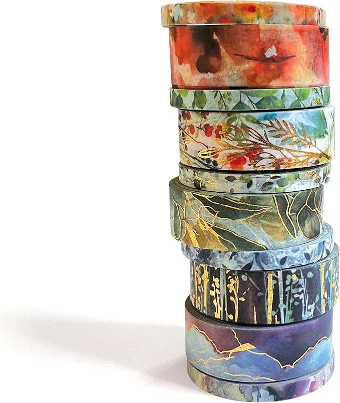 Paper House 10 Piece Foil Accent Washi Tape Pack with 5 15mm Rolls and 5 5mm Rolls - Watercolor Flora