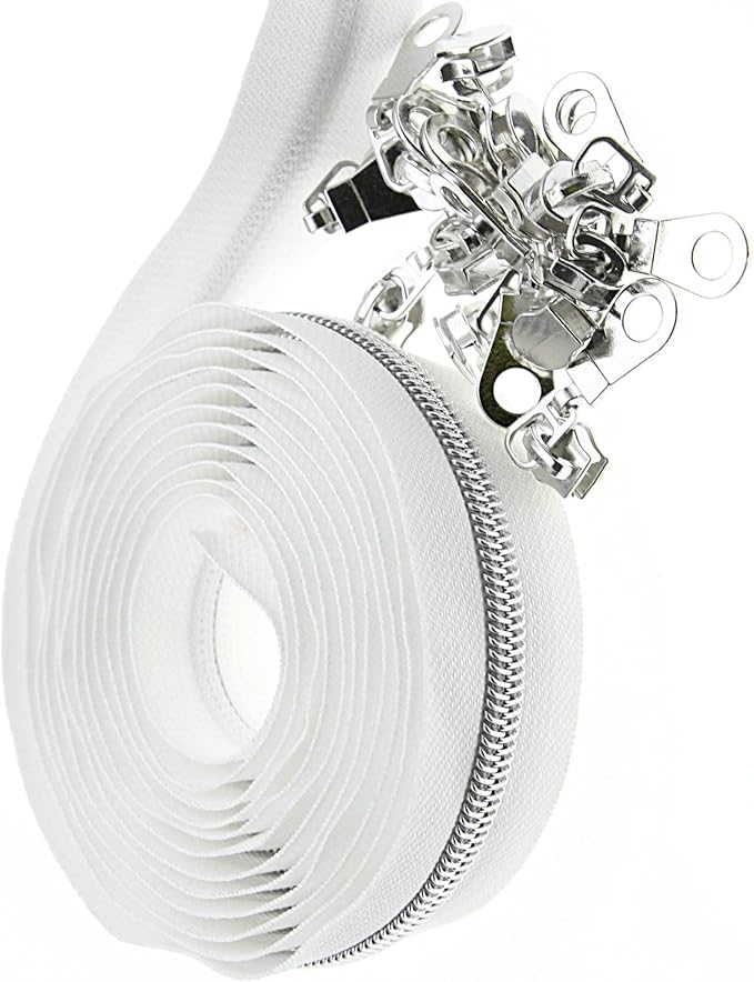 #5 Silver Metallic Nylon Coil Zippers by The Yard, Bulk White Tape 10 Yards with 25Pcs Pulls for DIY, Sewing, Craft, Bags YIGUANXIN