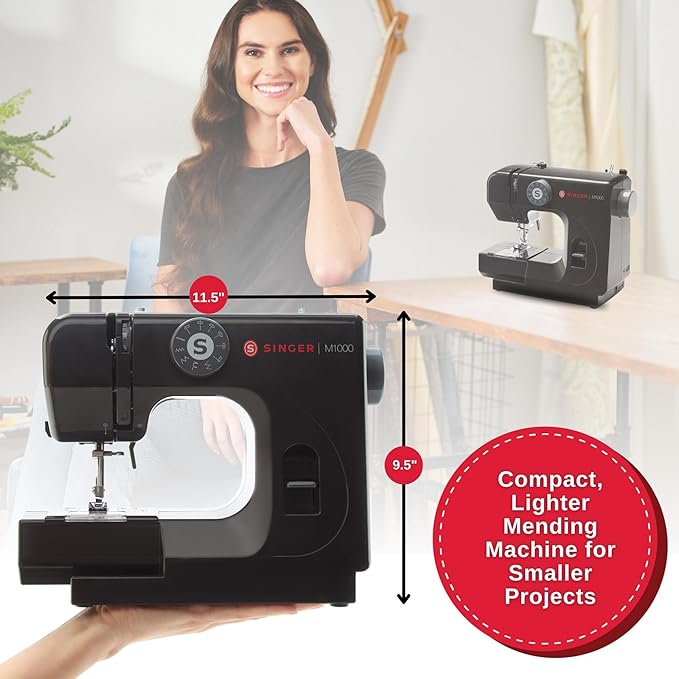 SINGER M1000 Mending Machine | Compact, Lightweight & Portable With 32 Stitch Applications & LED Light | Great for Light to Medium Weight Fabrics & Repairs - Black