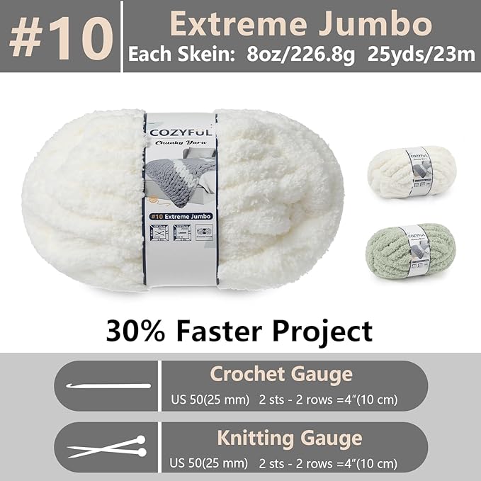 Chunky Yarn for Hand Knitting - #10 Chunky Chenille Yarn, Jumbo Big Thick Chunky Yarns for Crocheting, Super Bulky Chunky Knit Blanket Yarns, 8 Skein (25yd, 8oz/Skein), Cream & Sage