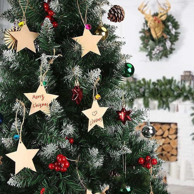 50 Pcs Wooden Ornaments, BetterJonny 3.15 * 2.56in Unfinished Natural Wood Slices with Holes Blank Wood Discs with 50pcs Jute Rope for DIY Christmas Decoration