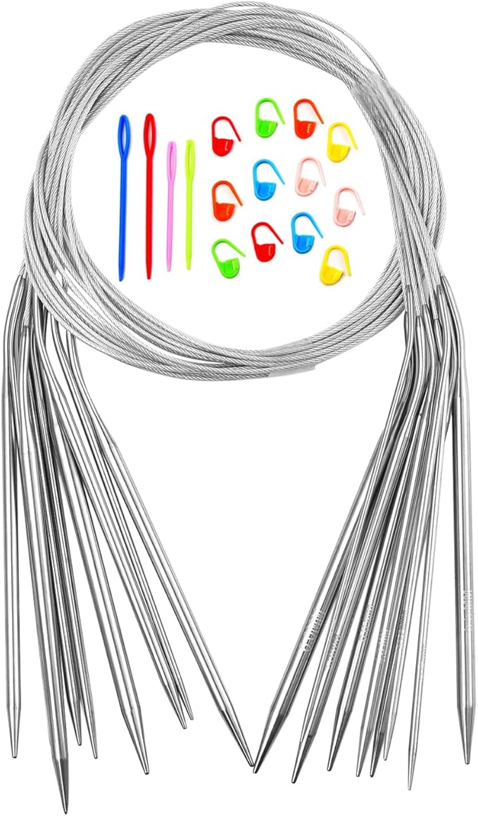 Circular Knitting Needles Set,9 Pack Round Long Stainless Steel Knitting Needles Kit (39 Inch/100cm),9 Sizes from 2mm-6mm,with Small Tools for Beginners,Making Sweater,Scarf,Blanket