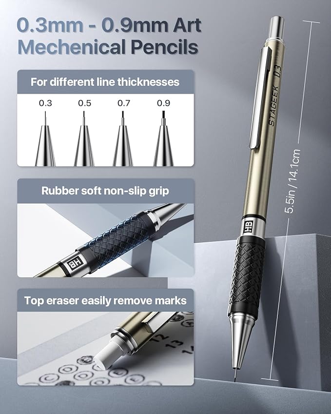 Mechanical Pencil Set with Case 37 Count, Drawing Pencils 0.3, 0.5, 0.7, 0.9MM & 2PCS 2MM Sketching Pencils with 492PCS Lead Refills (6B 4B 2B HB 2H 4H Color) for Artist Drafting Drawing
