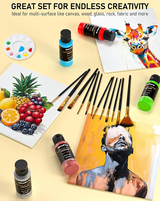 Nicpro 36 Colors Acrylic Paint Set with 12 Brushes & Palette, Non Toxic Art Supplies Kit for Fabric Painting, Canvas, Clay, Wood, Rock & Ceramic, Rich Pigments for Adults, Beginners, Professional Artist (2 oz, 60 ml)