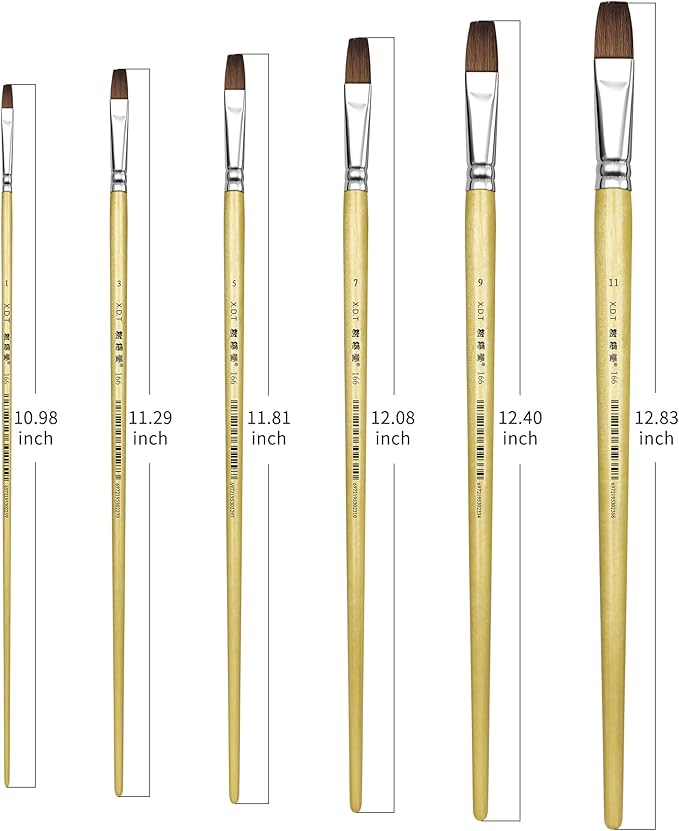 XDT#166A Bright Artist Paint Brush 6 Piece Set, Red Sable Flat Paint Brushes for Watercolor, Acrylic, Oil and Canvas Painting