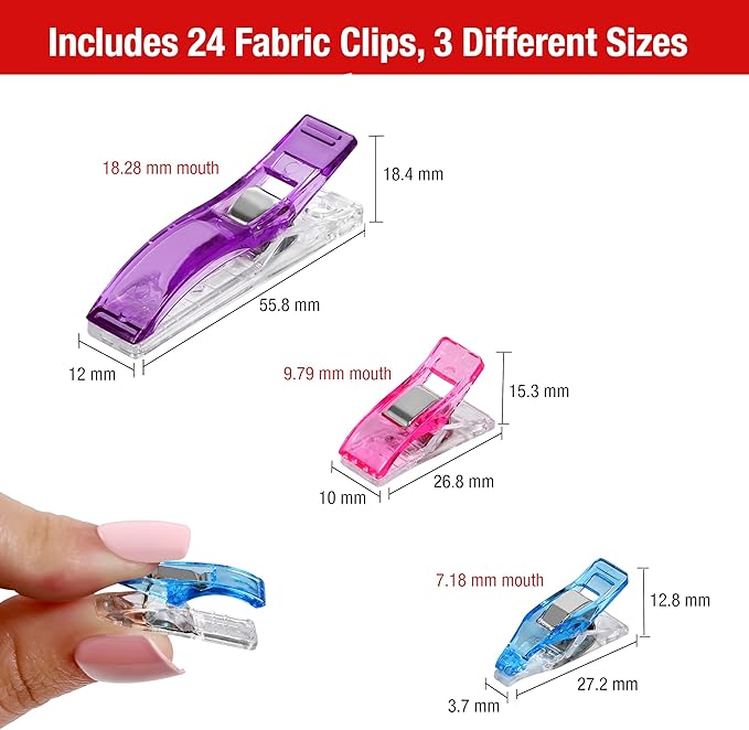 SINGER Sewing & Quilting Clips, 24ct - Large, Small & Mini Fabric Clips for Crafts - Assorted Color Quilt Clamps, Multi-Use Sewing Tool, Includes Storage Case