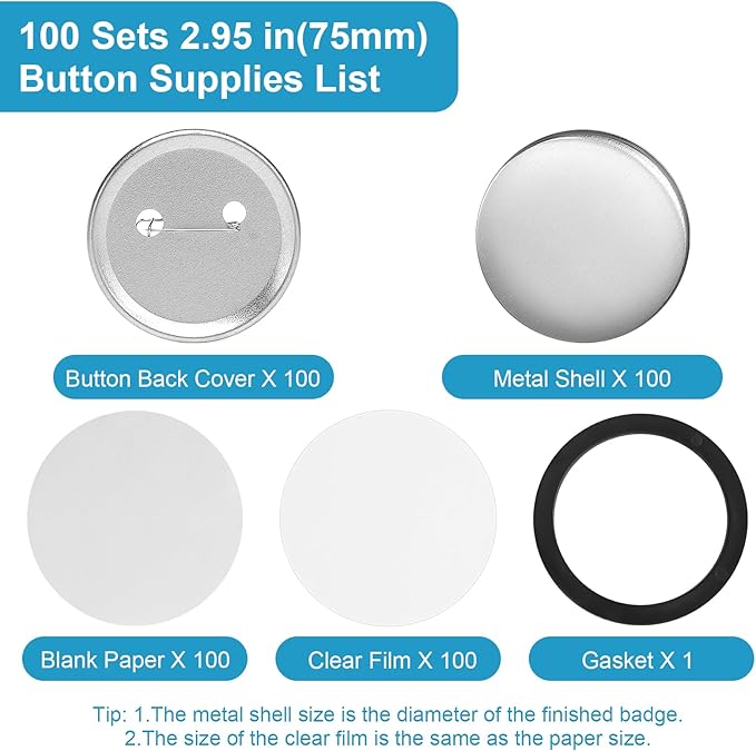 100Set 2.95 Inch Button Maker Supplies, 75mm Approx. 3 Inch Metal Blank Button Badge Parts with Blank Paper& Clear Film for Button Maker Machine, Pin Maker and Badge Press
