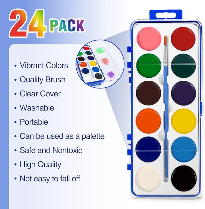 24 Pack Watercolor Paint Set Kids, 12 Colors Water color paint sets for kids with Paint Brush, Kids Watercolors Paint Set for Party Favor, Classroom.