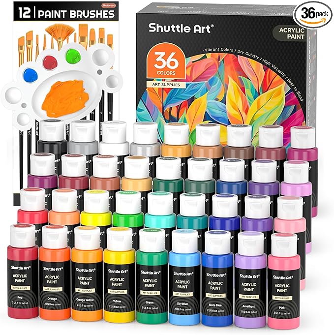 Shuttle Art Acrylic Paint Set, 36 Colors Acrylic Paint with Brushes & Palette, 2oz/60ml Bottles, Rich Pigments Non-toxic for Artists Kids & Adults, Painting on Canvas Rocks Ceramic Wood