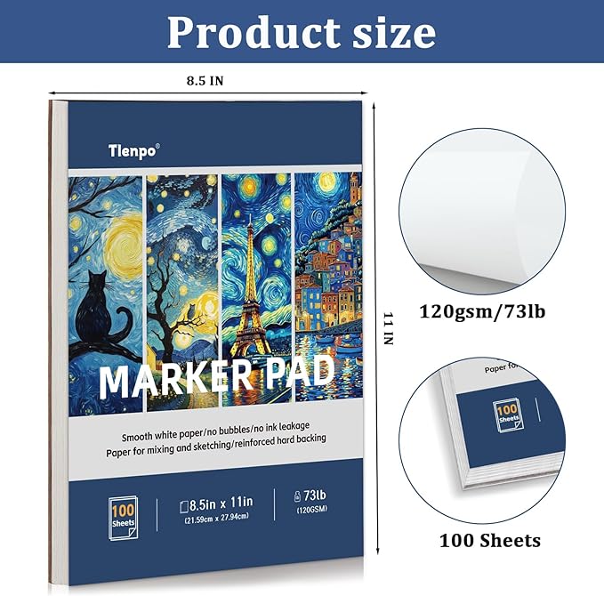 Tlenpo 8.5" x 11" Marker Paper Pad, 100 Sheets Marker Sketchbook Bleedproof, 120gsm/73lb Art Sketch Pad Paper, Painting Coloring Alcohol Marker Paper for Beginners, Artists, Kids