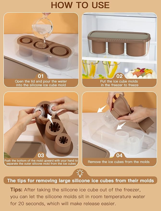Ice Cube Tray for Tumbler Cup 30Oz-40Oz, 3 Pcs Silicone Cylinder Ice Mold with Lid and Bin for Freezer, Easy Fill and Release Ice Maker for Whiskey, Cocktail BPA-Free (Brown, 40Oz-Type1)