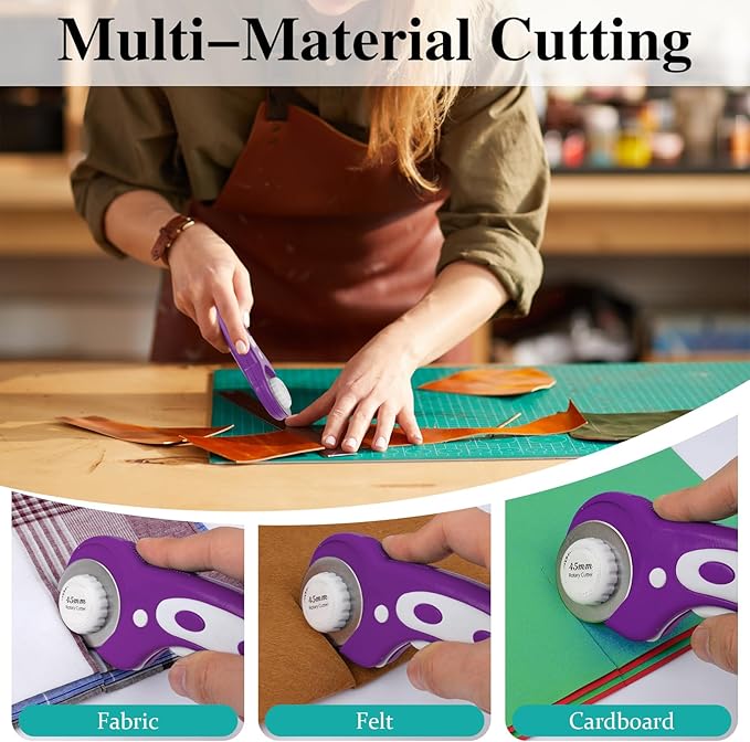 45mm Rotary Cutter for Fabric, Fabric Cutters with 5pcs Extra Rotary Blades, Roller Cutter Set for Sewing, Quilting, Leather & Craft Projects (Purple)