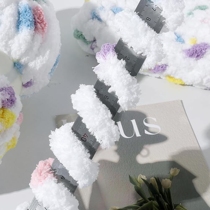 HOMBYS 8 Pack Giant Chunky Yarn for Crocheting/Hand Knitting, Super Bulky Large Soft Fluffy Tie Dye Plush Fuzzy Mixed Color Thick Chenille Yarn (Rainbow, White)