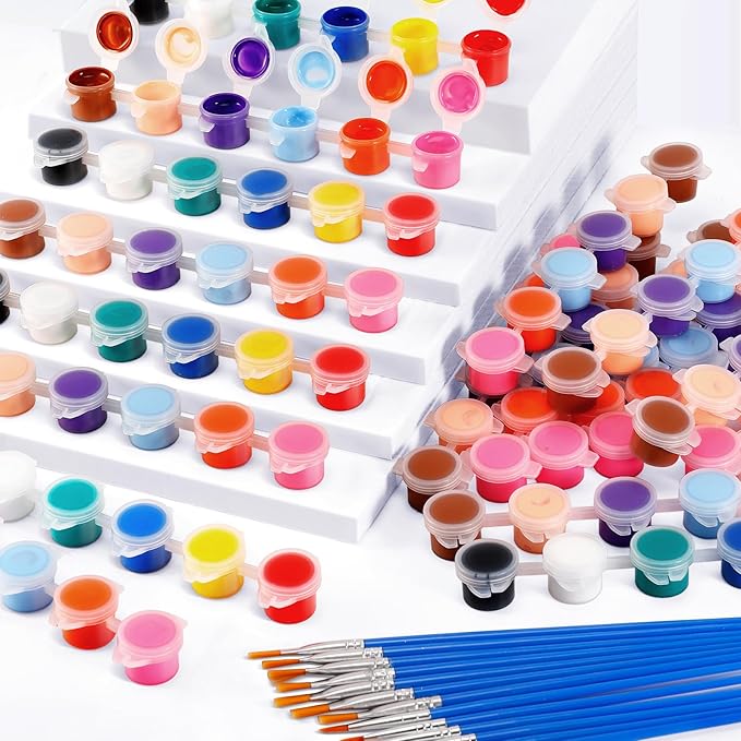 20 Pack Mini Acrylic Paint, 12 Colors Acrylic Paint Strips with 44 Painting Brushes, Washable Mini Painting Kit for Home Birthday Party Favors Art Supplies