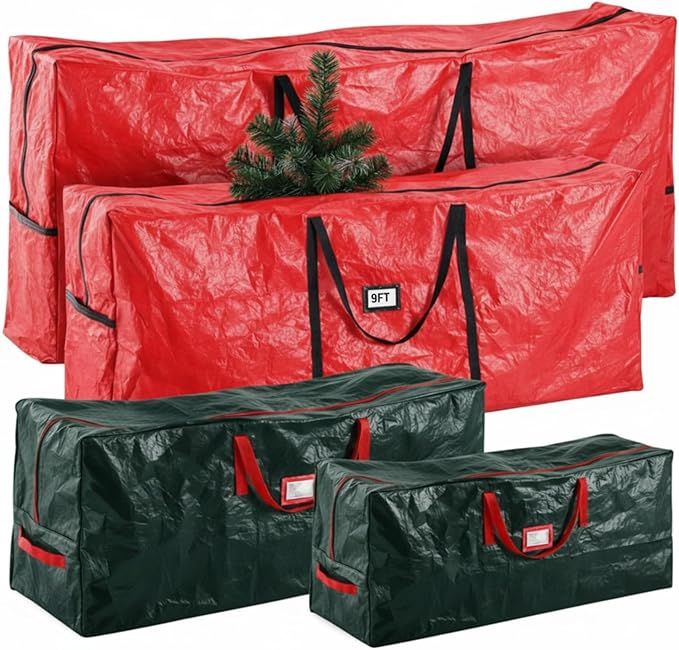 Amylove 4 Pcs Large Christmas Tree Storage Bags Heavy Duty Xmas Zippered Bags Bulk Waterproof Plastic Christmas Tree Container with Carry Handles(12 Ft/ 9 Ft/ 7.5 Ft/ 4.5 ft,Red/Green)
