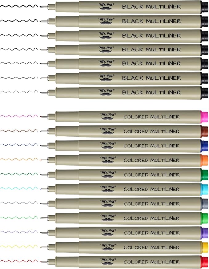 Mr. Pen- Drawing Pens for Artists, 18 Pack, Black Ink Multiliner, Colorful 0.3mm Artist Pens