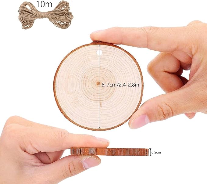30pcs Wood Slices, BetterJonny 2.36-2.75 inch Undrilled Wooden Circles Predrilled with Hole Natural Wood Ornaments with 10 Meters Jute Rope for Arts DIY Craft