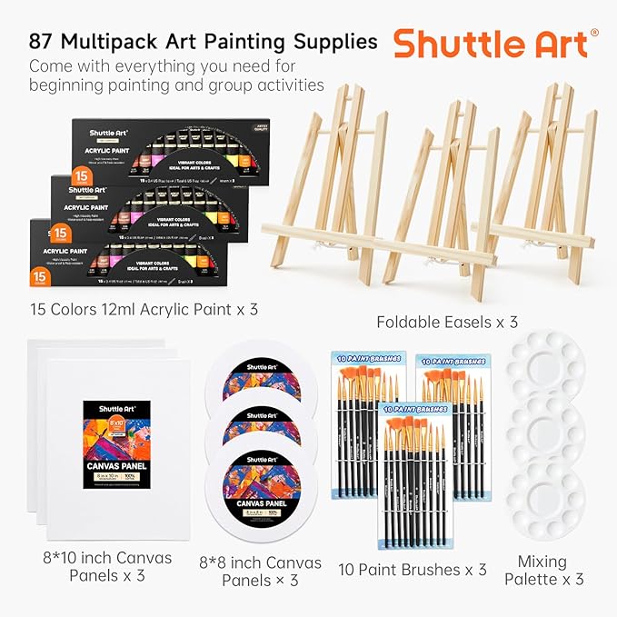 Shuttle Art 87 Pack Acrylic Paint Set, Painting Kit with 3 Pack of 15 Colors Acrylic Paint, 3 Sets of Wooden Easels, Canvas, Brushes & Palettes, Art Painting Supplies Kit for Adults Kids Beginner