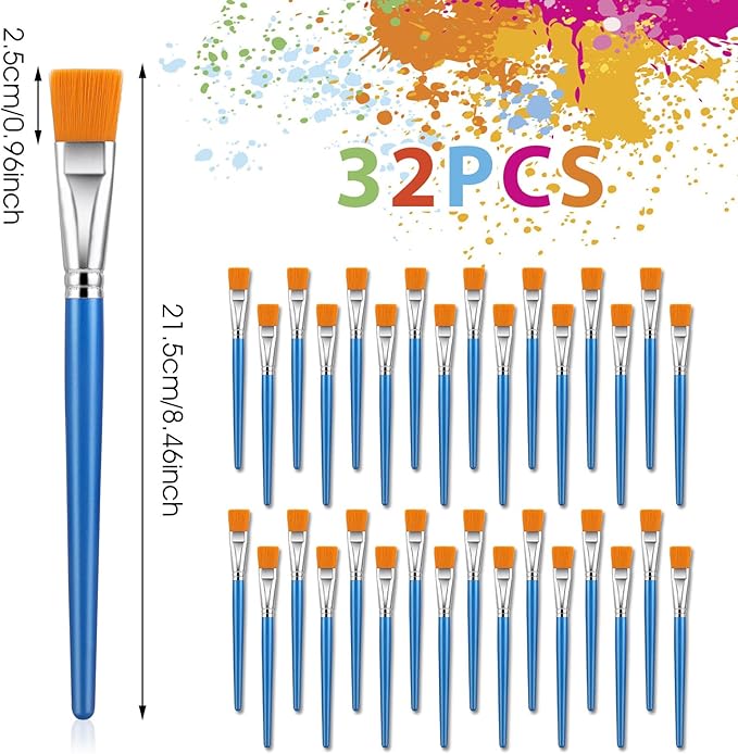 32 Pcs Flat Paint Brushes - 1 Inch Acrylic Paint Brushes for Detail & Large Scale Painting - Artist Quality for Acrylic, Watercolor, Oil, Face & Body Art, Crafts