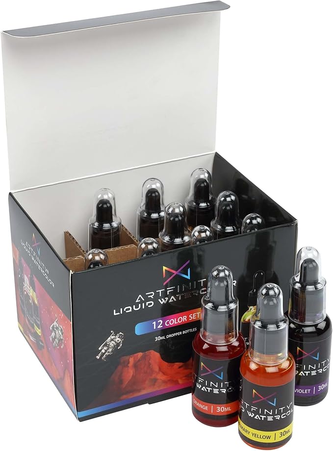 Liquid Watercolor Paint 30 ml Bottles, Set of 12 Colors - Vibrant Dye-Based Liquid Watercolor w/Glass Pipette, Fast-Drying, Fine Art Paint for Calligraphy, Airbrushing & Traditional Art