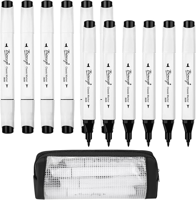 Bianyo 12 Black Alcohol Markers, Dual Tip Fine & Chisel Art Markers for Drawing, Sketching, Outlining & Highlighting