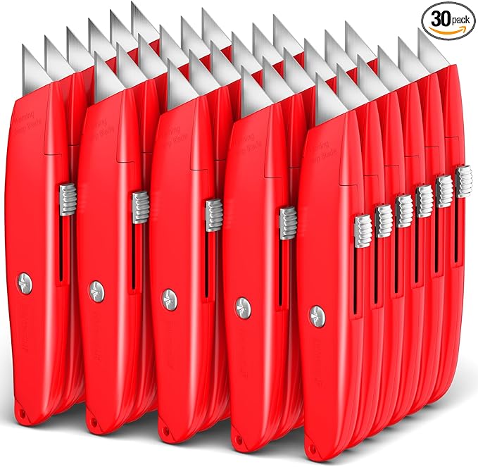 DIYSELF 30 Pack Box Cutter Heavy Duty Aluminium Shell Utility Knife | SK5 Steel Sharp Blade | Retractable Knife for Cutting Cartons Ropes and Cardboard | Home and Office Use, PVC Pipe Cutter(Red)