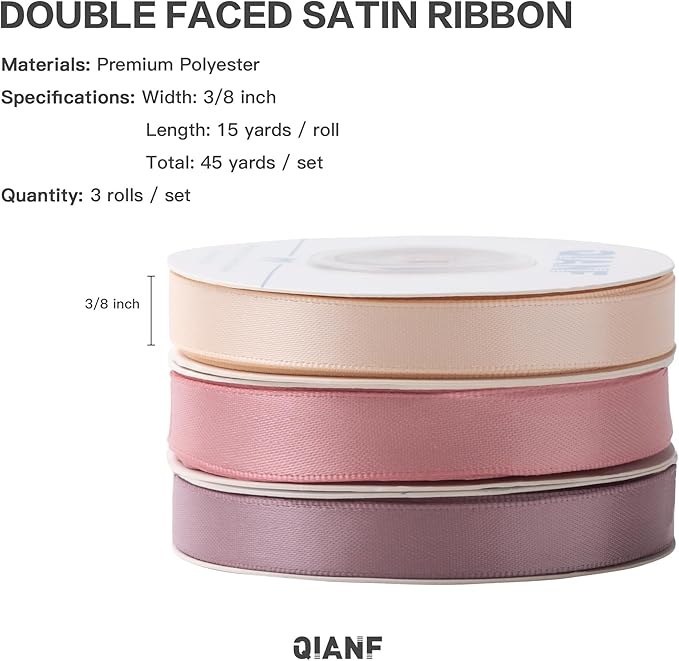 Dusty Rose Double Face Satin Ribbon 3/8 Inch x 45 Yards Champagne Pink/Rose Gold/Mauve Fabric Ribbon for Gift Wrapping, Flower Bouquets, Bows Making, Wedding Decor (3 Rolls *15Yd)