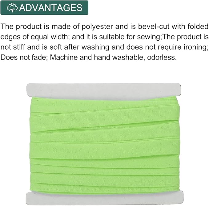 MECCANIXITY 1/2 Inch Double Fold Bias Tape Continuous Bulk Cotton Bias Tape for Sewing Seaming Quilting Hemming Binding Crafts (Green 12 Yards)