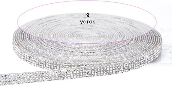 Novani Self Adhesive Rhinestone Ribbon, 0.35 Inch Wide 9 Yards 1 Roll, Silver Crystal Diamond Bling Strips for DIY Crafts, Home Decor, Glitter Glass Rhinestones Tape for Crafting, Car Decoration