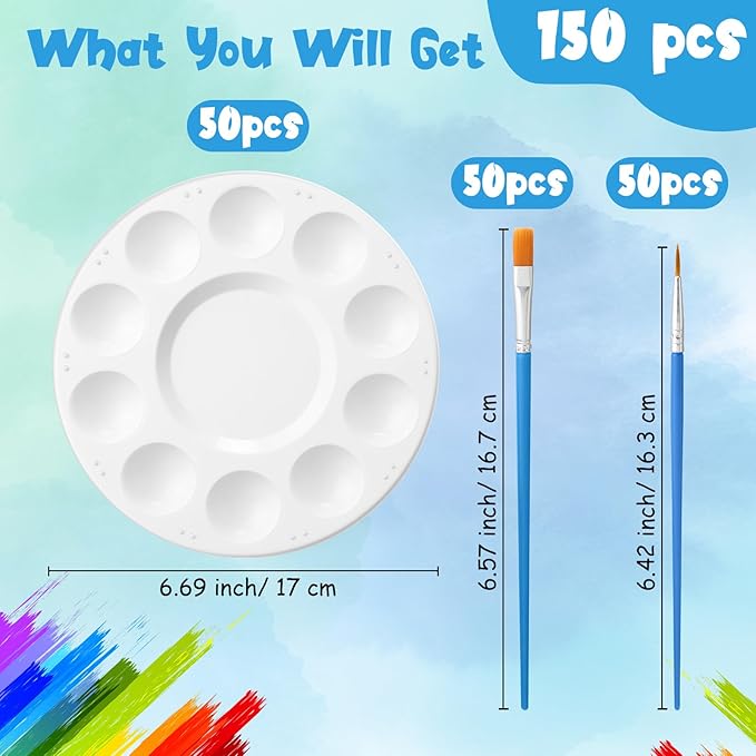 150 Pcs Painting Brushes Palettes Set 100 Watercolor Paint Brushes 50 Tray Palettes Art Classroom Supplies Paint Party Favors for Adults Students Classroom Birthday Party(Blue)