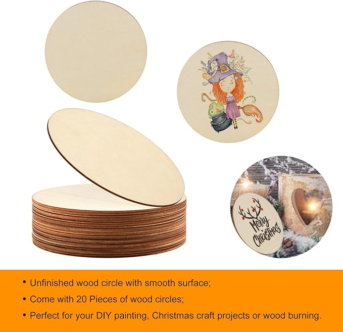 Coopay 20 Pieces 8 Inch Wooden Circles, Unfinished Round Wood Slices Natural Wooden Cutouts for Door Hanger, Painting, Wedding, Home Decoration DIY Wood Craft Supplies