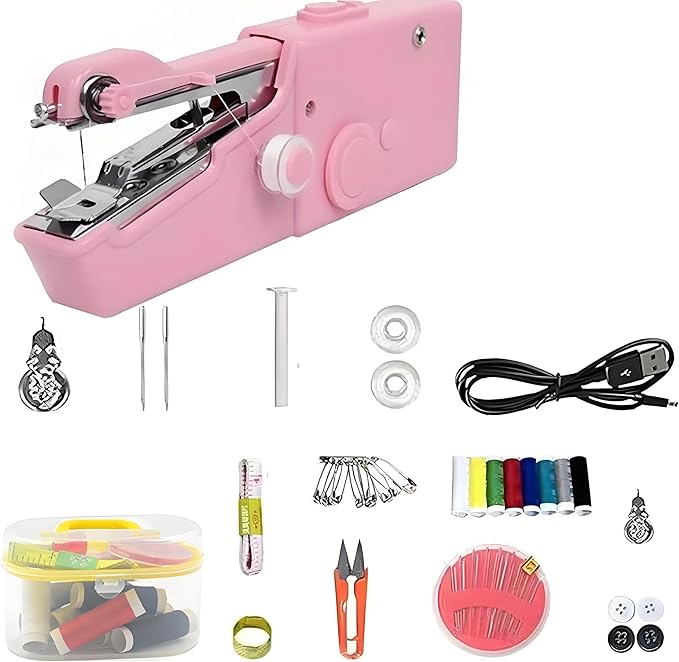 Handheld Sewing Machine, Mini Portable Sewing Machine Kit for Beginners, Travel Emergency Clothes Repair & Quick Fixes with Accessories, for Lightweight Fabrics (Pink, B)