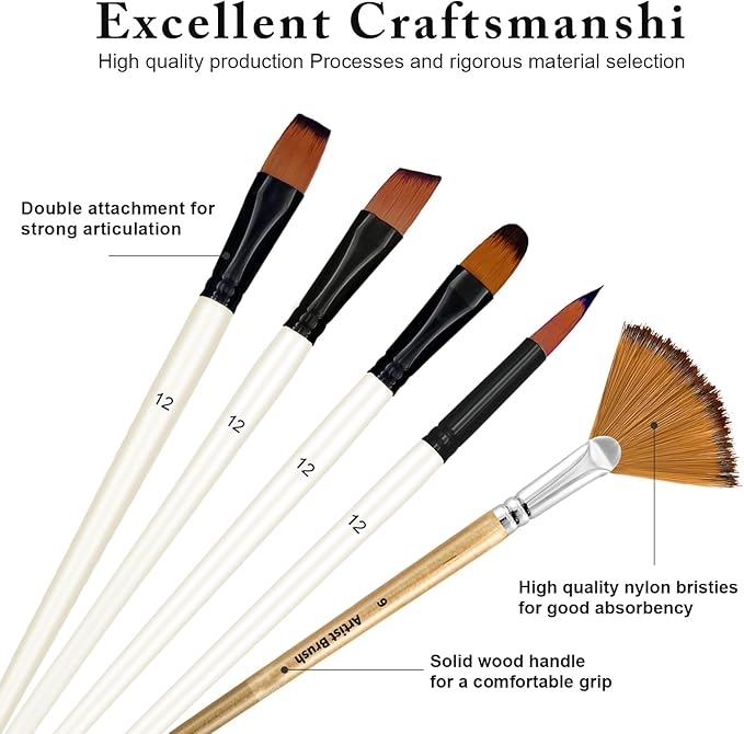 Bougimal 32 Pcs Paint Brushes for Acrylic Painting, Premium Nylon Bristles with Round, Filbert, Flat, Fan, Angle, Fine Detail Brush, Paint Brush Set for Acrylic, Oil, Watercolor