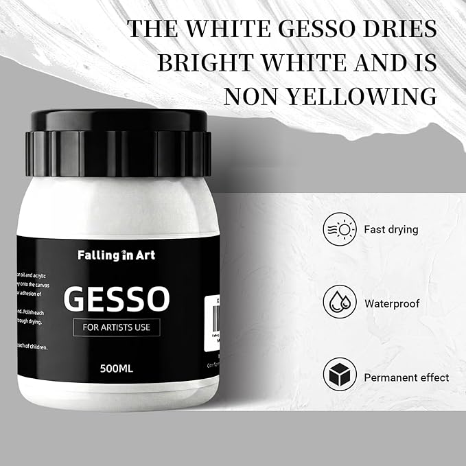 Falling in Art 16.9 Oz White Gesso Primer for Acrylic Painting for Oil Paints, Non-Toxic Canvas Surface Prep Medium