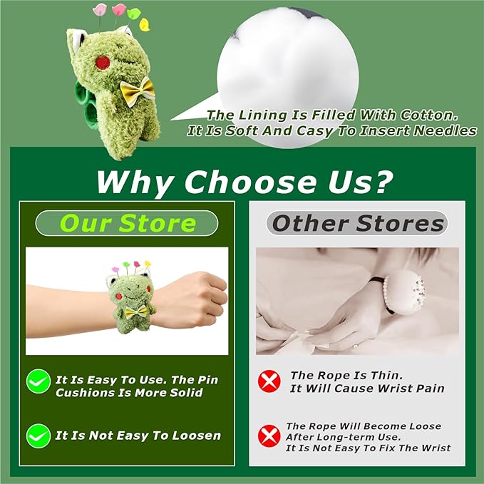 Lovely Frog Wrist Pin Cushion Kit for Sewing with 50 Cute Bird Needles,Including Threader, Thimble ＆Tape Measure for Hand Sewing Cross Stitch Craft Knitting Quilting.