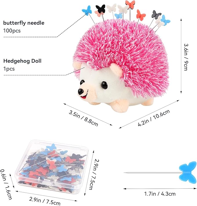 Hedgehog Shaped Pin Cushion Sewing Kit, Sewing Pincushion with 100 Pcs Colored Butterfly Pins for Sewing Dressmaker (Pink)