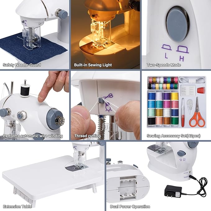 Sewing Machine for Beginners with Expansion Table Foot Pedal 42Pcs Sewing kit Finger Guard & Light Mini Small Portable Sewing Machines 2-Thread 2-Speed 2-Switches for Kids Ages 8-12 White and Grey