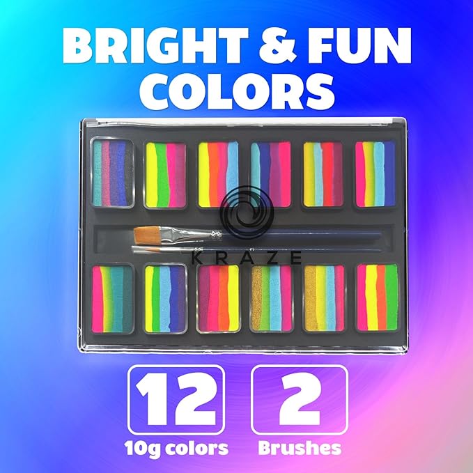Kraze FX Graffiti Split Cake Palette - 12 x 10 gm by Tamina Muhammed Professional 1-Stroke Split Cake Hypoallergenic Non-Toxic Water Activated Face and Body Painting for Kids Safe Adults