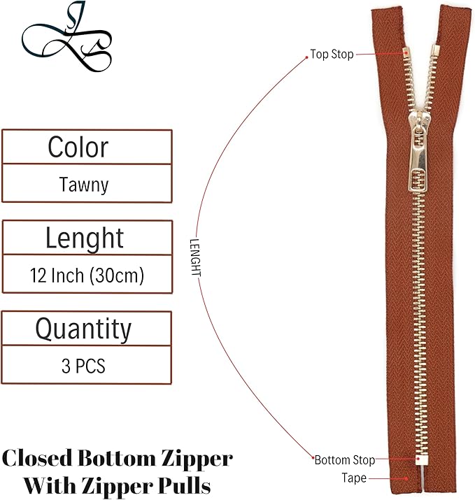 #5 Gold Metal Zipper - 50+ Colors - 3 PCS - (4-14 inches) Sizes - Luxury Lightweight Handcraft Metal Zippers with pulls for Purses Bags Pockets Shoes Sewing & Crafts DIY ZP024712