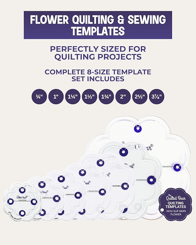 The Quilted Bear Flower Quilting Templates – 8 Clear Non-Slip Acrylic Quilt Templates for Precise Fabric Cutting & Stress-Free Machine Quilting - Ideal for Quilt & Sewing Supplies (¾–3")