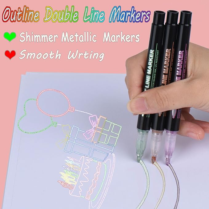 Outline Markers,12 Colors &2 Sets Shimmer Markers Set, Self Outline Metallic Outline Marker Pen Set for Art, Drawing, Doodling, Card Making, Greeting Cards, DIY Crafts