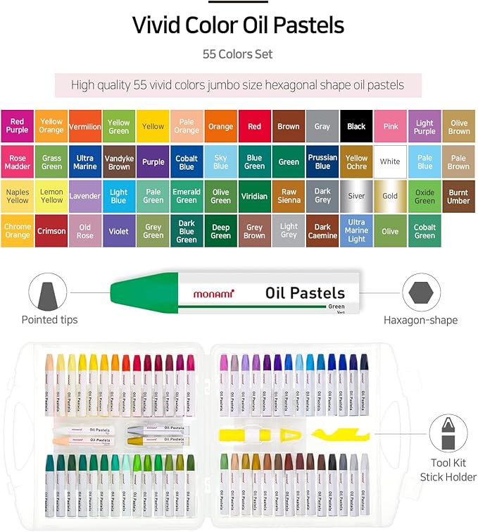 MONAMI Oil Pastels, Jumbo Size Hexagonal Shape for Kids and Students With Handy Carrying Case, 55 Vivid Colors +5 Extra (Total 60) Pack