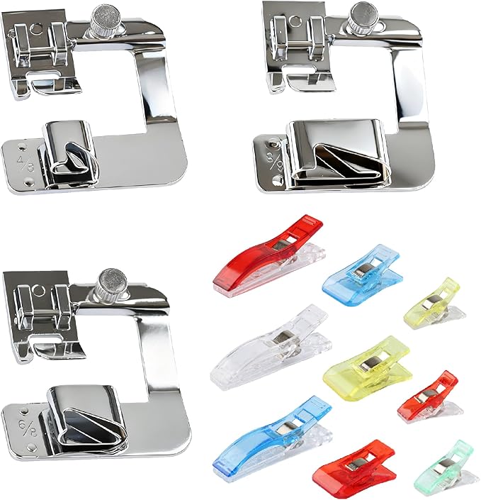 3 Sizes Rolled Hem Presser Foot Set – 1/2", 3/4", 1" Wide Hemmer Feet for Brother, Singer, Low Shank Sewing Machines
