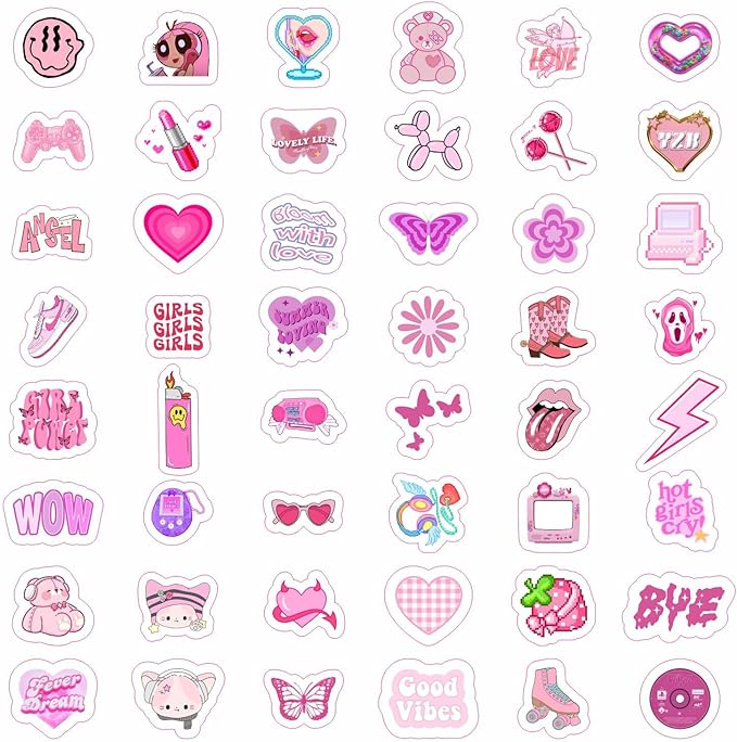 BulbaCraft 100Pcs Y2K Stickers Pink for Water Bottle and Laptop - Y2K Party Supplies & Decorations, Waterproof Vinyl Decals, 2000s and Aesthetic Stickers, Gifts for Women & Men