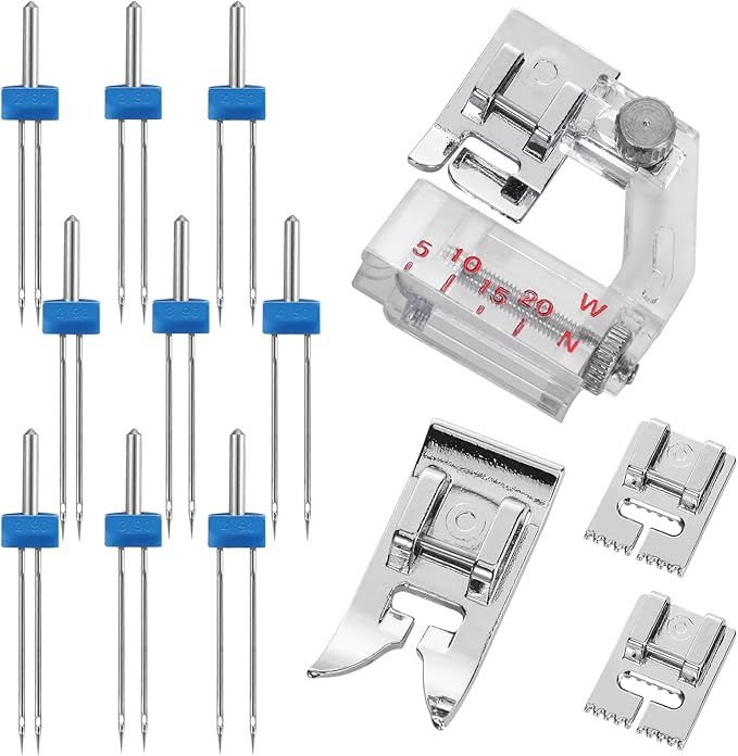 13 Pieces Stretch Twin Needles for Sewing Machine, Ballpoint Household Double Twin Brother Sewing Machine Needles Automatic Needle Pins Threader Presser Foot, Ideal Gifts for Craft Enthusiasts