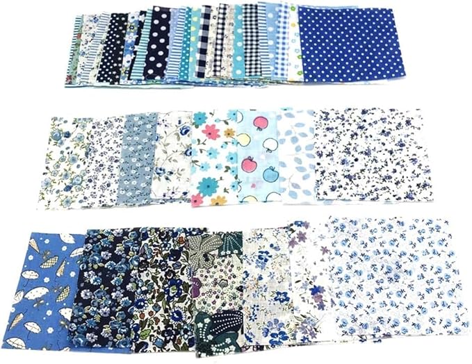 50Pcs 4" x 4" Cotton Craft Fabric Vintage Cotton Fabric Bundle Printed Floral Patchwork Plain Cloth Floral Precut Fabrics for DIY Art Sewing Quilting Scrapbooking (Blue)