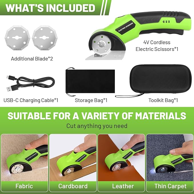 Cordless Electric Scissors, 4V Rechargeable Rotary Cardboard Cutter with 2 Blades Safety Lock & LED Light, USB Cable for Plastic, Box, Carpet, Leather, DIY Crafts