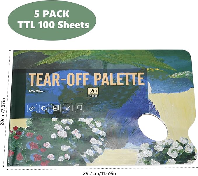 Tear-Off Paint Palette Paper Pad, 105gsm, Disposable Mess-Free Paint Tray, 5-Pack 100 Sheets for Watercolor, Acrylic, Gouache, Oil, and Ink Painting (Small 100 Sheets 7.8''x11.7'')