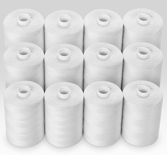 12 Pcs White Sewing Thread, 1000 Yard Each Spool 402 Polyester White Thread for Sewing, All Purpose Threads for Machine, Hand Stitching, Embroidery Clothing Repair, Home Decor